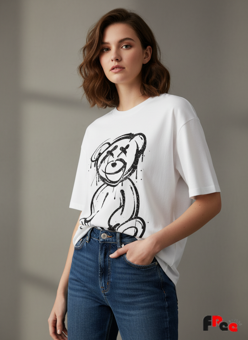 Free Stylee Graffiti Teddy Bear Print White Regular Fit Unisex T-Shirt | Urban Aesthetic Streetwear Tee