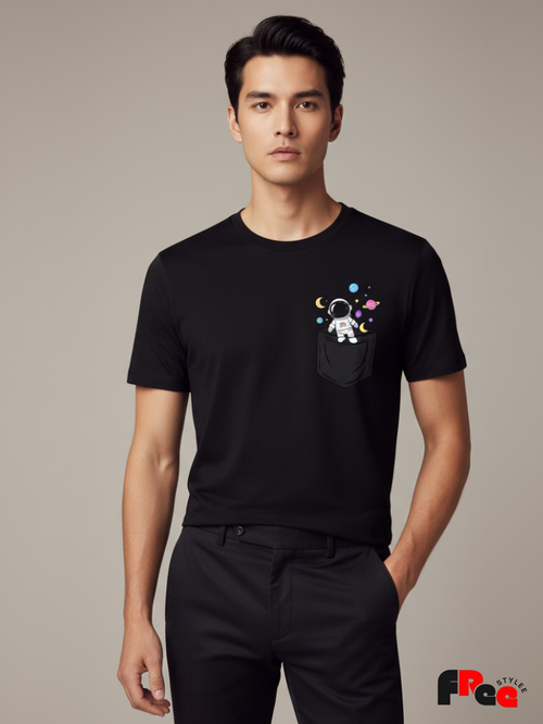 Astronaut Pocket Galaxy Black T-Shirt | Cute Space Aesthetic Oversized Tee