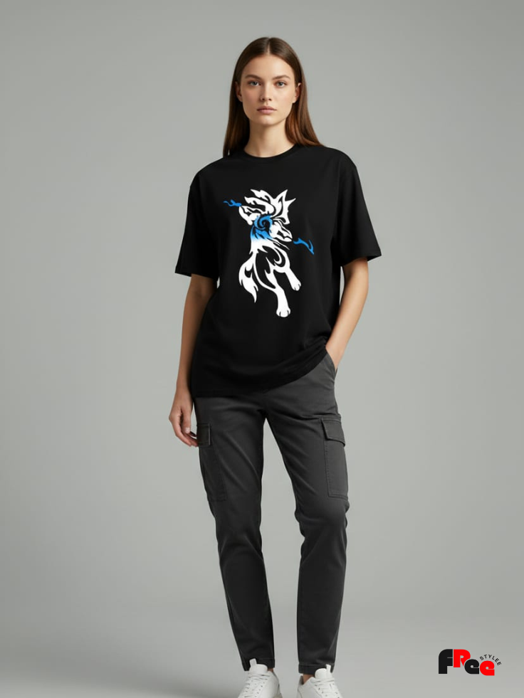 Tribal Wolf Blue Flame Black T-Shirt | Aesthetic Animal Graphic Oversized Streetwear