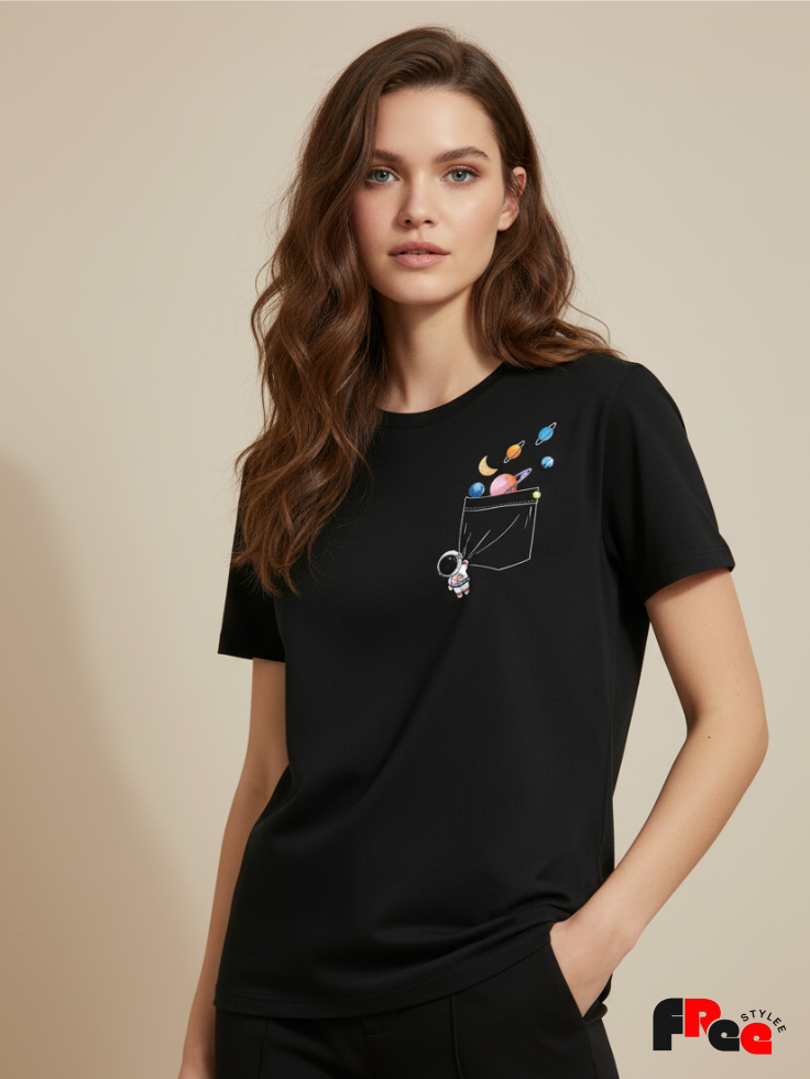 Astronaut Pocket Galaxy Black T-Shirt | Cute Space Aesthetic Oversized Tee