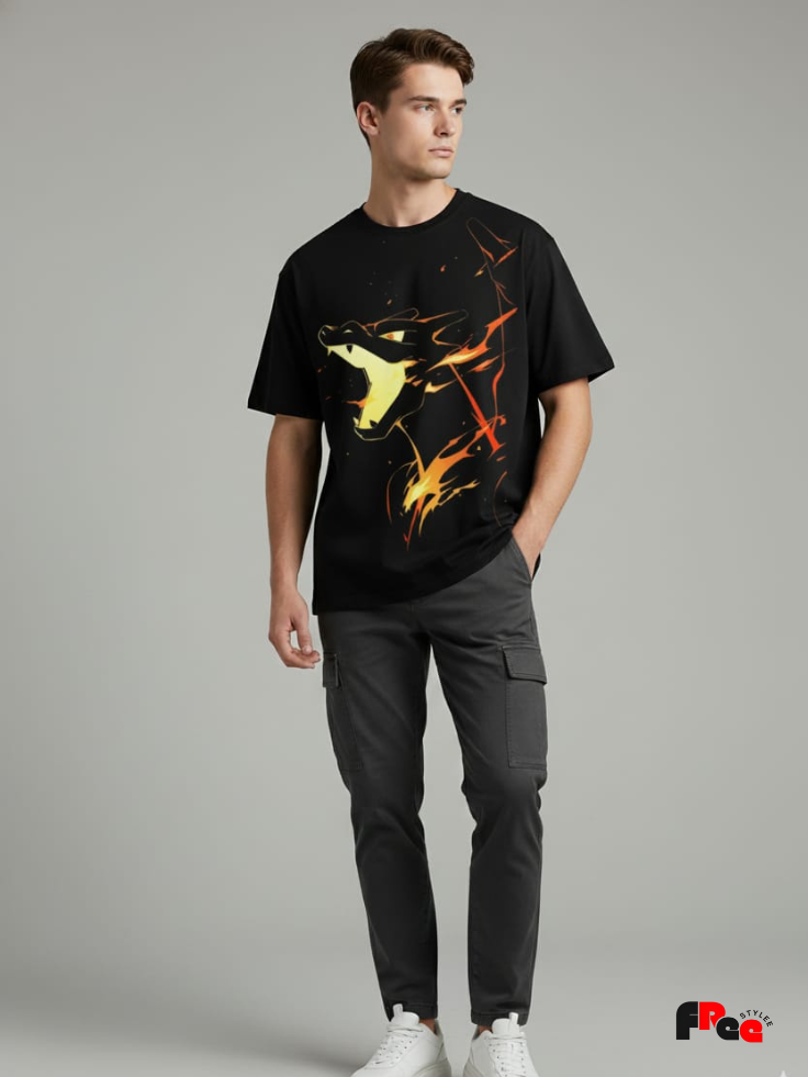 Fire Dragon Roar Black T-Shirt | Power Anime Graphic Oversized Streetwear Tee