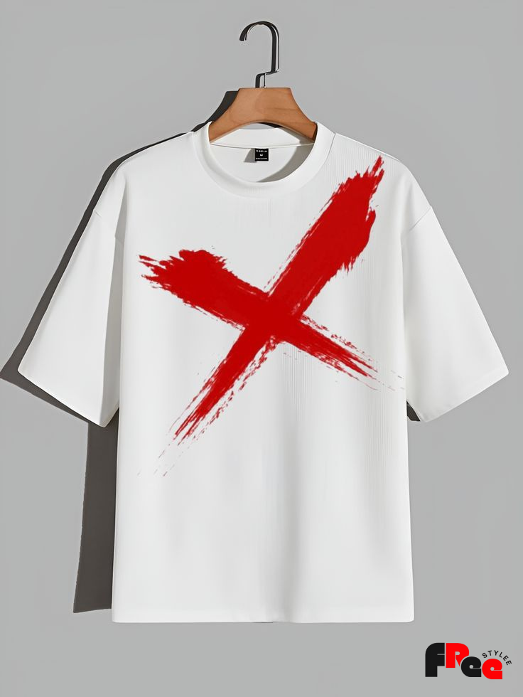 Unisex White Red Cross Brush Graphic T-Shirt – Premium Cotton Streetwear Tee