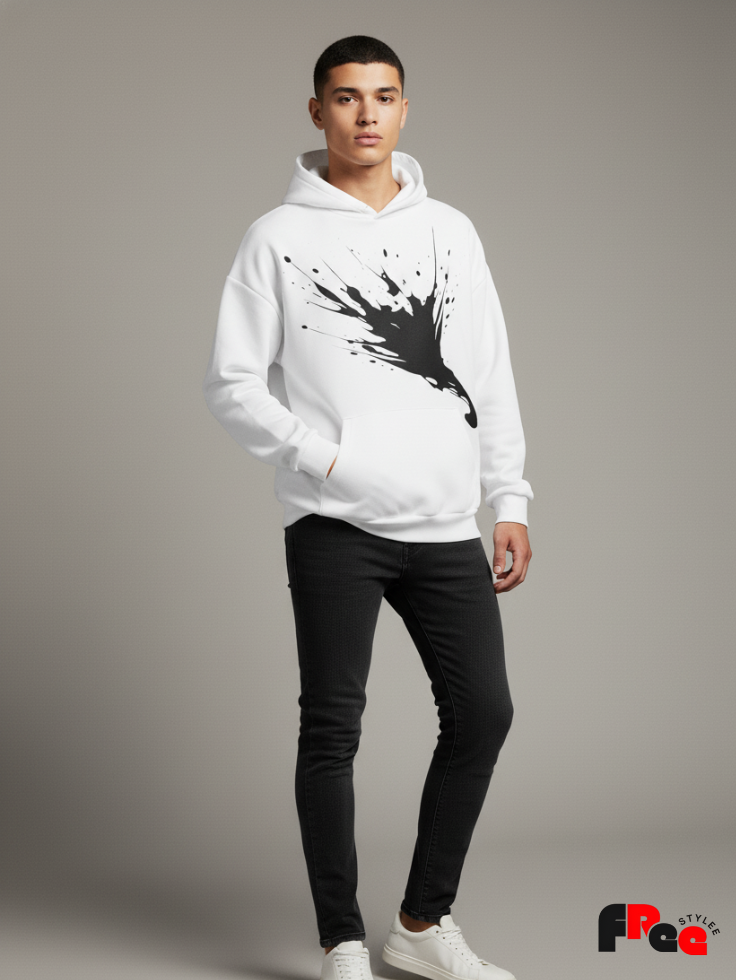 Urban Paint Splash White Hoodie for Men & Women | Streetwear Oversized Graphic Sweatshirt