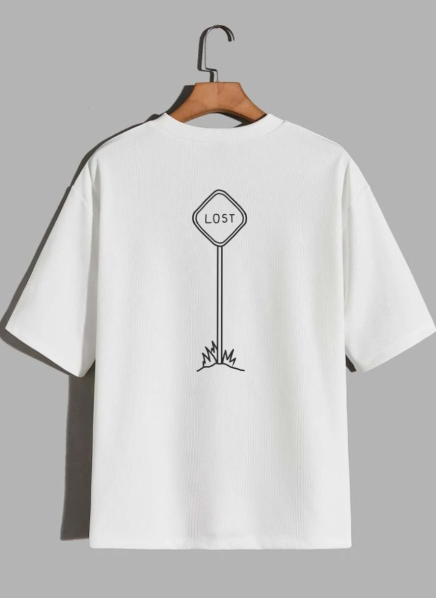 Free Stylee LOST Minimal Line Art White Oversized T-Shirt for Men | Urban Aesthetic Streetwear Tee