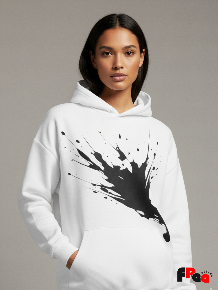 Urban Paint Splash White Hoodie for Men & Women | Streetwear Oversized Graphic Sweatshirt