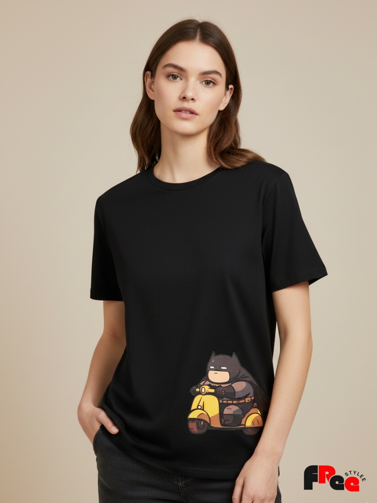 Cute Batman Scooter Black T-Shirt | Cartoon Superhero Aesthetic Oversized Tee