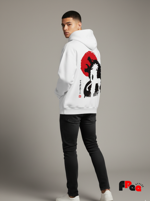 Anime Samurai Dragon Back Print White Hoodie | Japanese Streetwear Unisex Sweatshirt