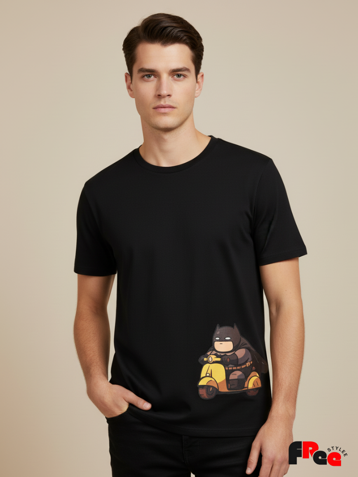Cute Batman Scooter Black T-Shirt | Cartoon Superhero Aesthetic Oversized Tee