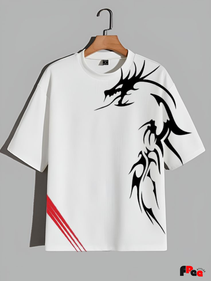 Unisex White Dragon Tribal Print T-Shirt – Premium Cotton Streetwear Tee