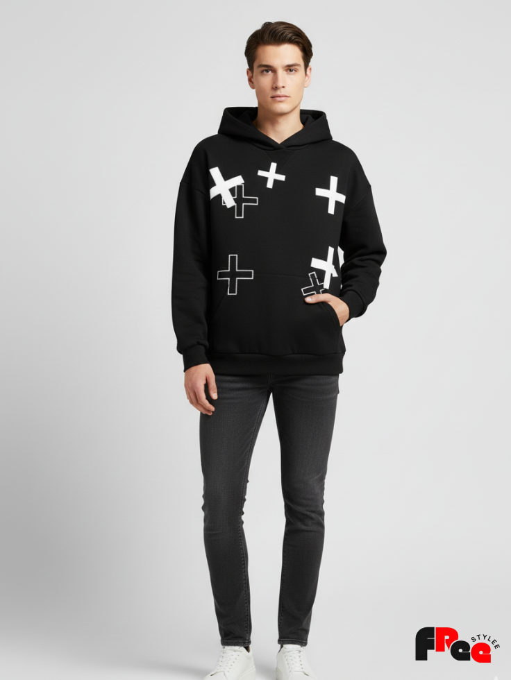 Gothic Cross Print Black Hoodie | Dark Aesthetic Oversized Unisex Streetwear