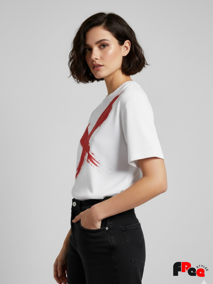 Unisex White Red Cross Brush Graphic T-Shirt – Premium Cotton Streetwear Tee