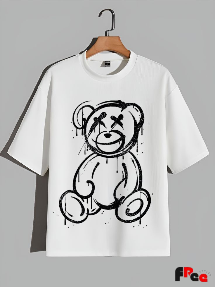 Free Stylee Graffiti Teddy Bear Print White Regular Fit Unisex T-Shirt | Urban Aesthetic Streetwear Tee