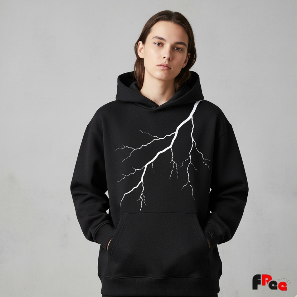 Men & Women Black Lightning Graphic Hoodie | Unisex Streetwear Pullover Sweatshirt