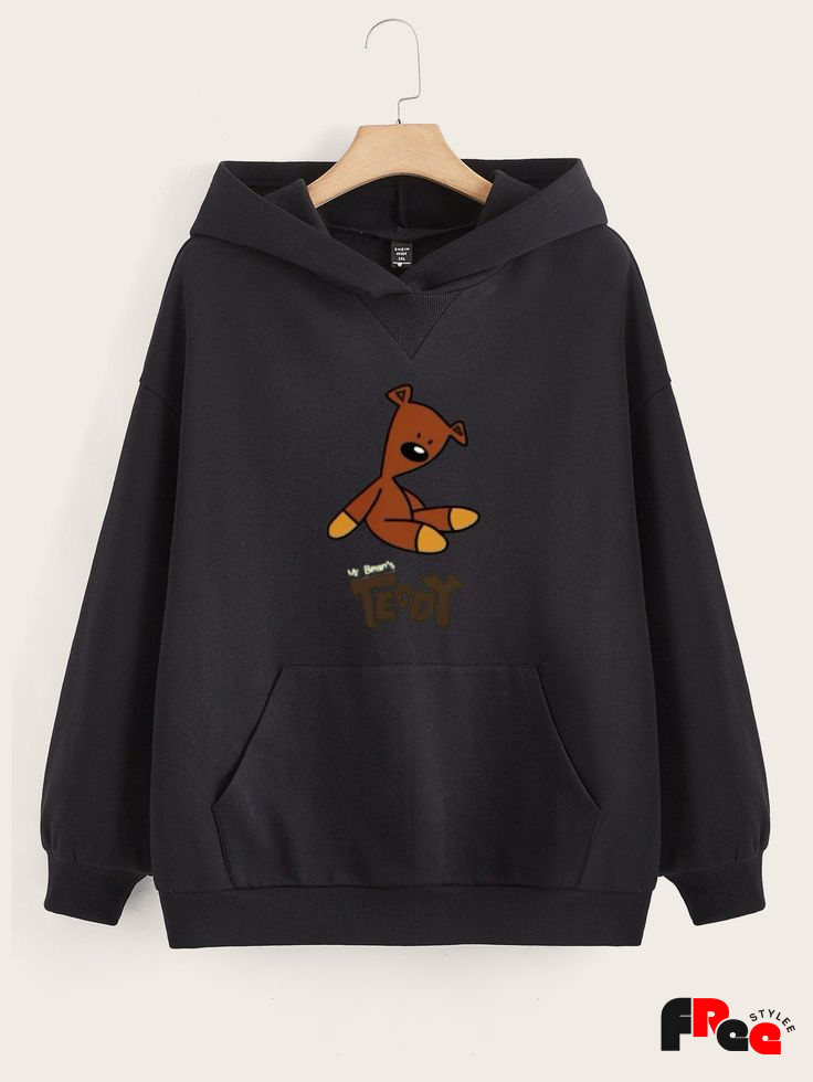 Cute Teddy Bear Black Hoodie for Men & Women | Aesthetic Cartoon Oversized Winter Sweatshirt