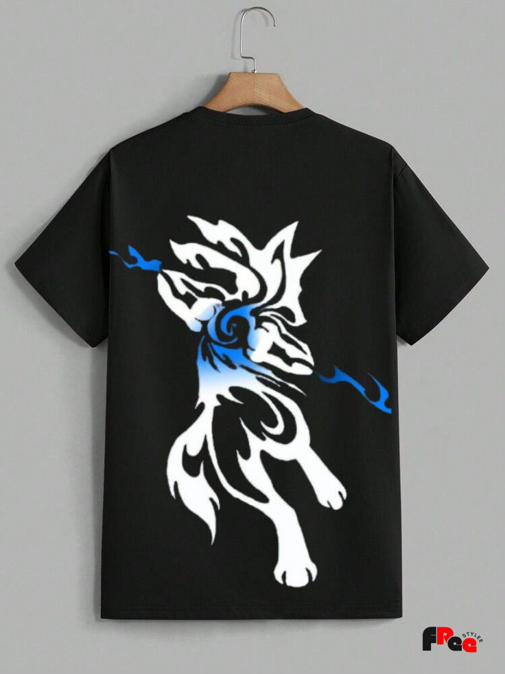 Tribal Wolf Blue Flame Black T-Shirt | Aesthetic Animal Graphic Oversized Streetwear