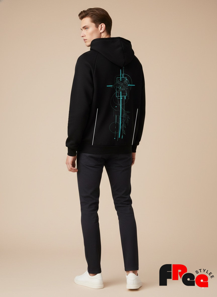 Abstract Bird Tech Graphic Hoodie – Black