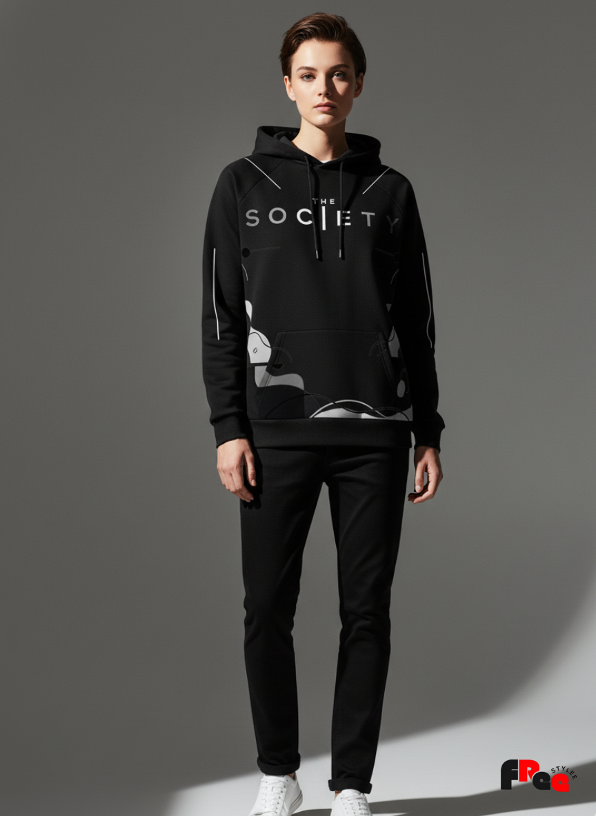 Black “The Society” Graphic Hoodie for Men & Women | Unisex Streetwear Pullover
