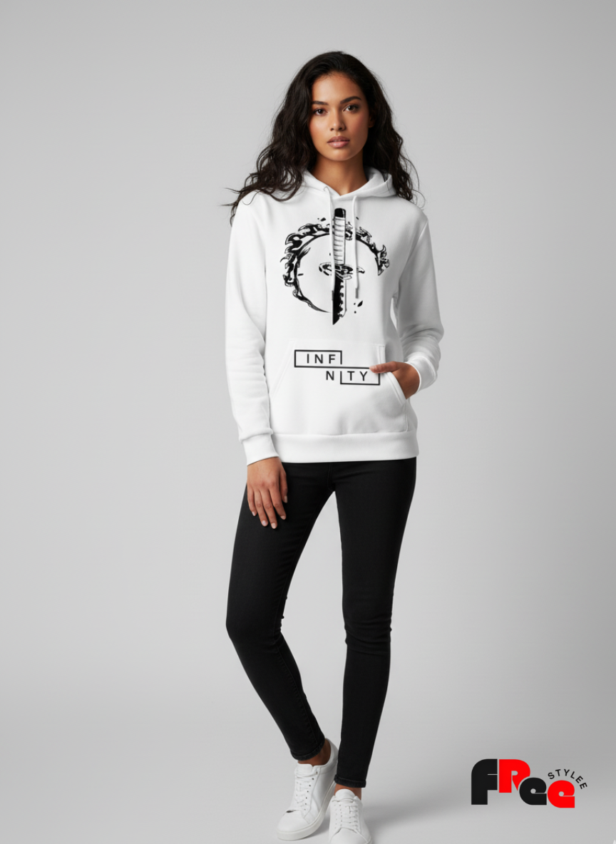Unisex White Hoodie with Sword & Infinity Print | Premium Streetwear