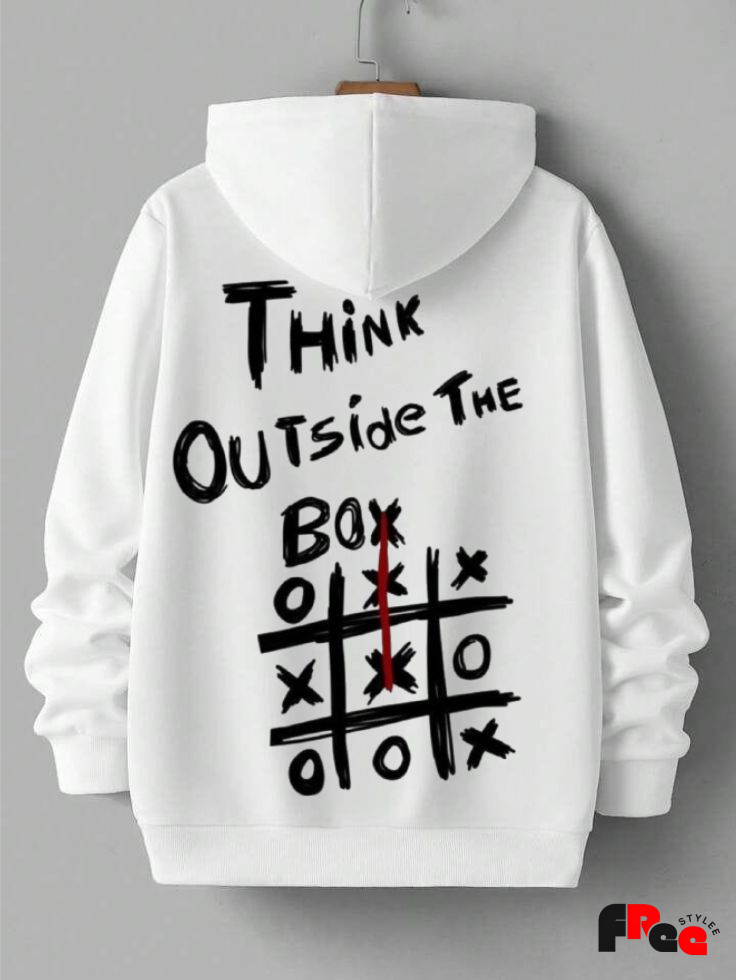 Unisex White “Think Outside The Box” Printed Hoodie – Premium Fleece Motivational Streetwear Sweatshirt