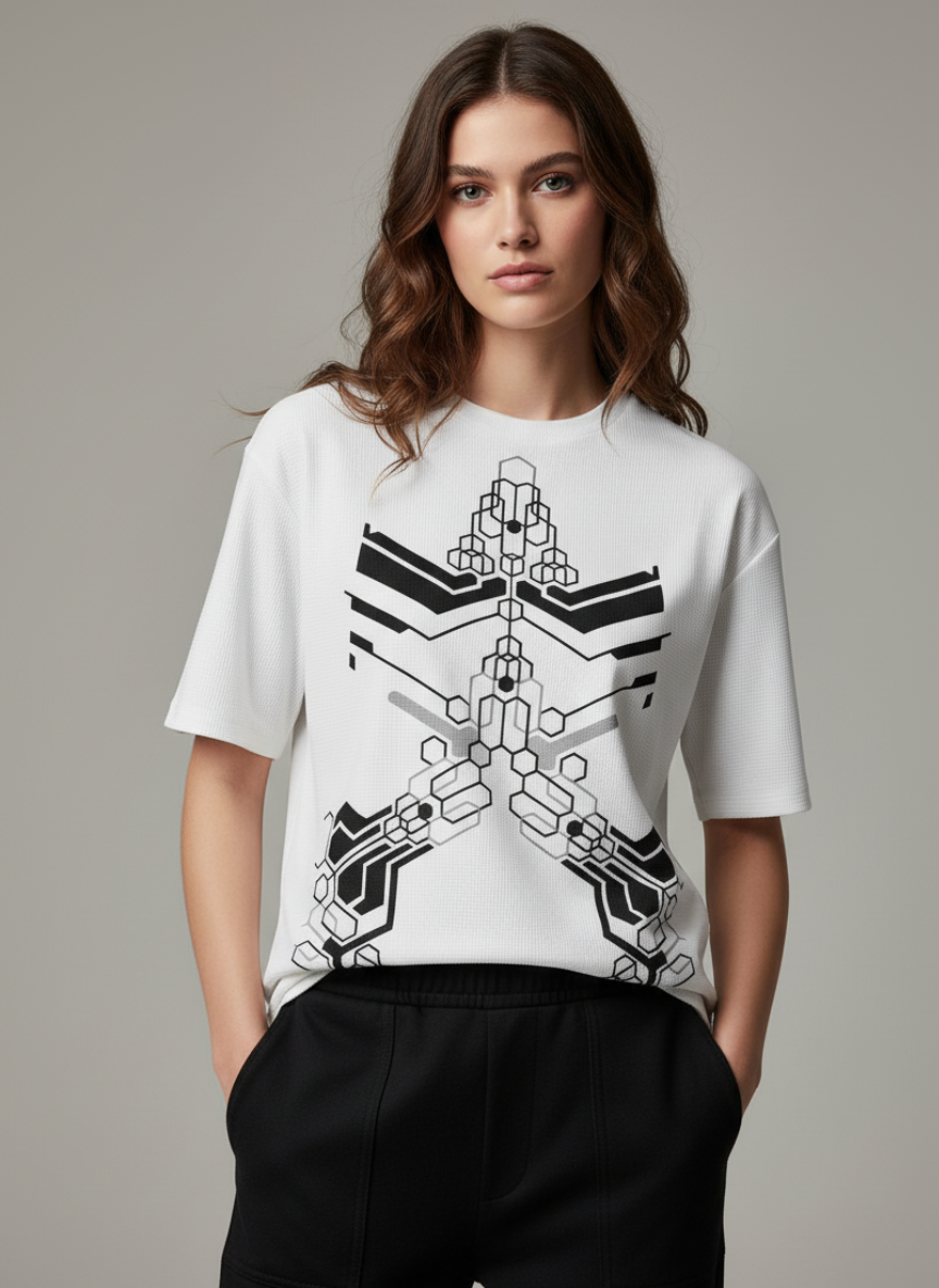 Free Stylee Abstract Geometric Hexagon Print White Oversized T-Shirt for Men | Streetwear Graphic Tee