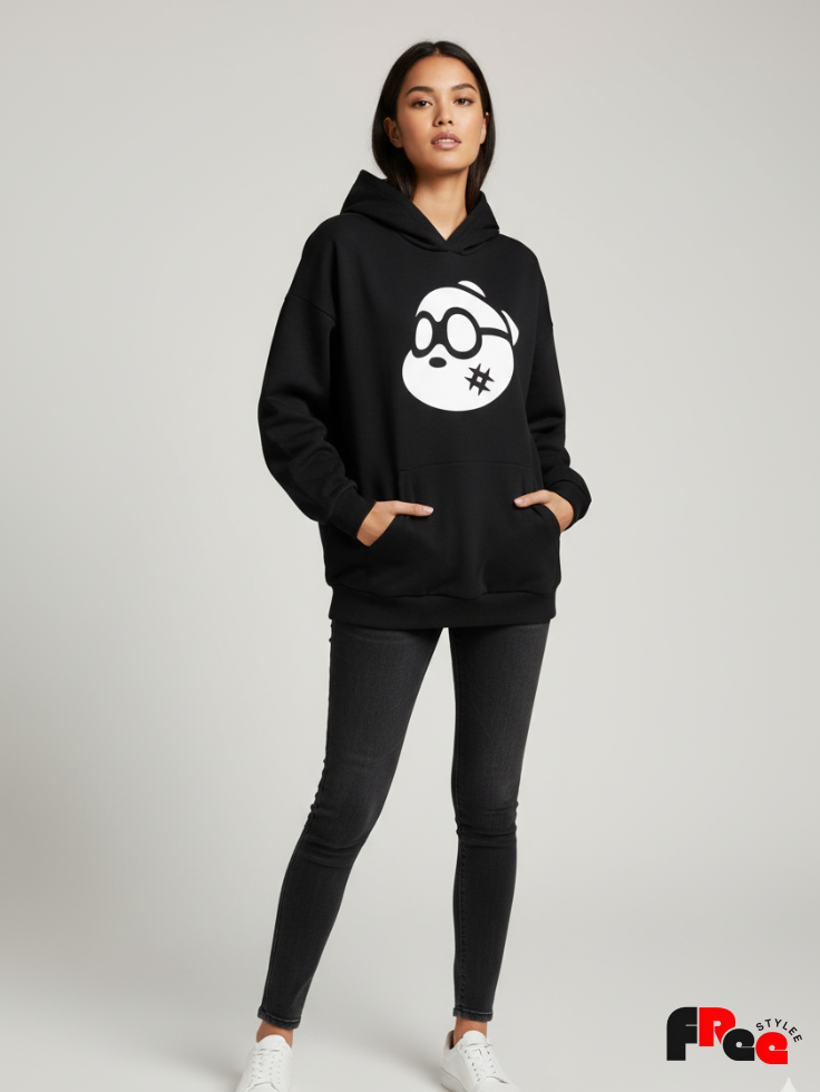 Cute Panda Face Black Hoodie | Kawaii Cartoon Unisex Winter Sweatshirt