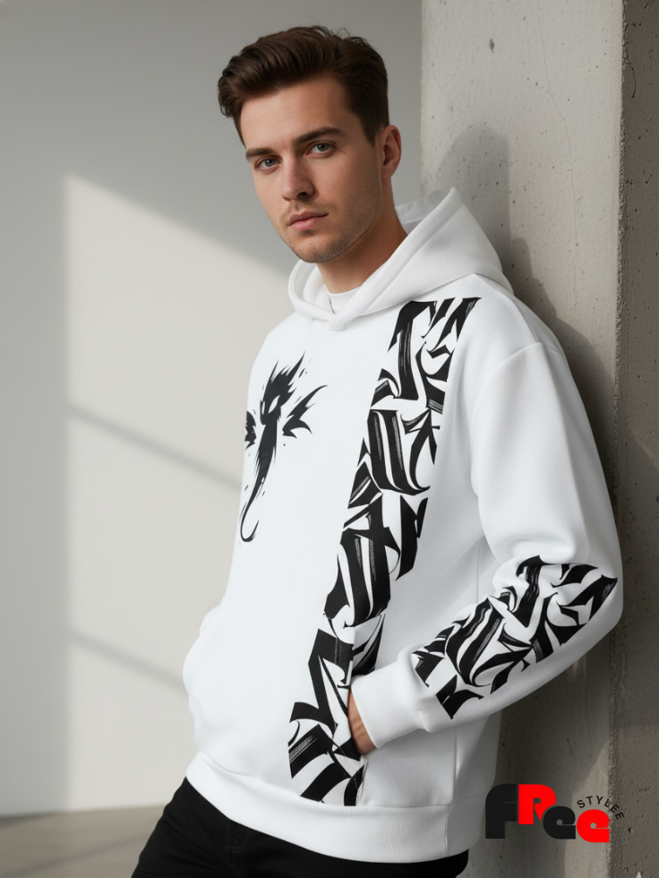 Free Stylee Ghost Graffiti Print White Oversized Hoodie for Men | Aesthetic Streetwear Sweatshirt