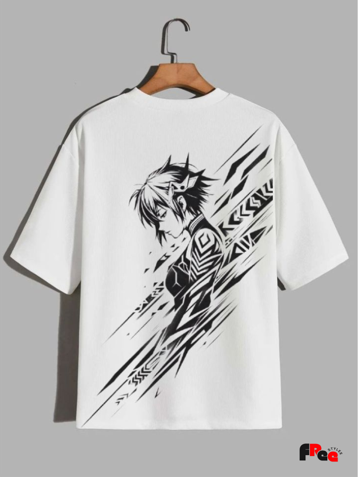 Anime Warrior Slash Art White T-Shirt | Japanese Manga Oversized Streetwear Tee