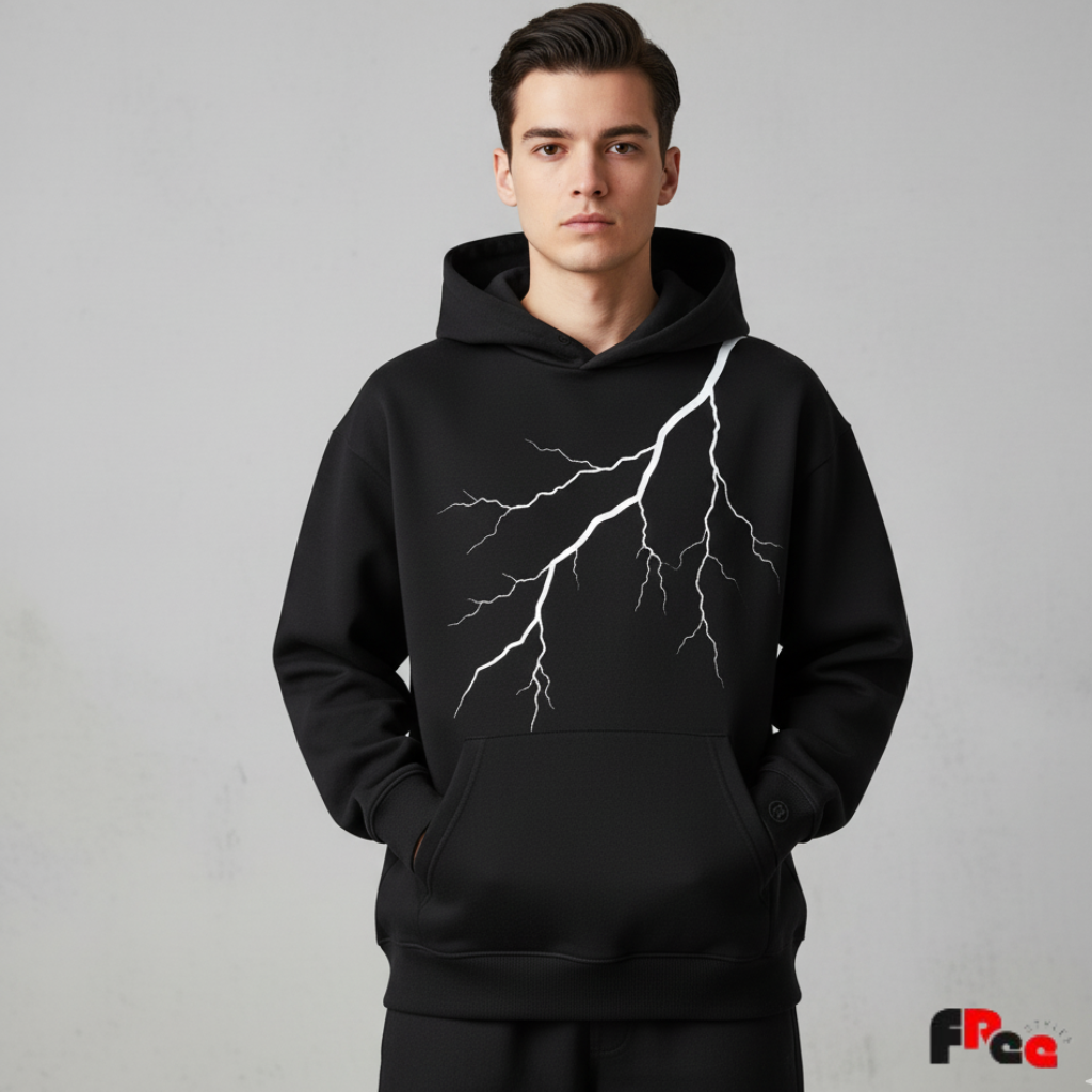 Men & Women Black Lightning Graphic Hoodie | Unisex Streetwear Pullover Sweatshirt