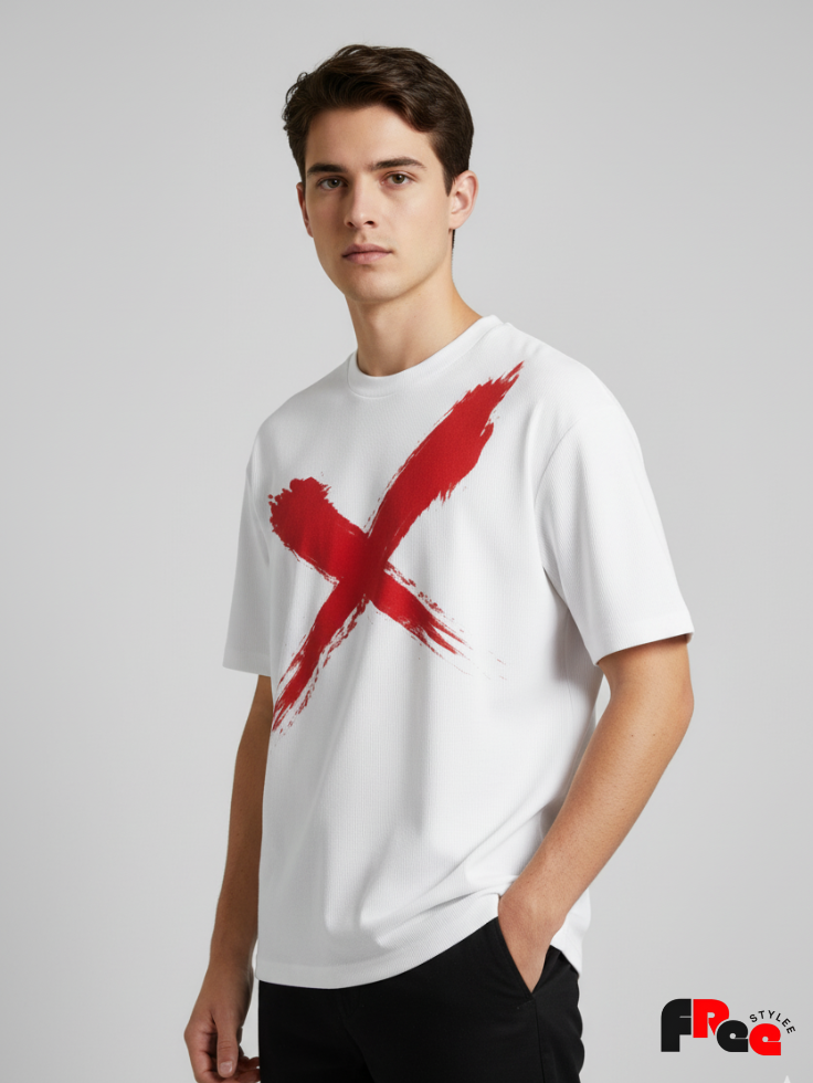 Unisex White Red Cross Brush Graphic T-Shirt – Premium Cotton Streetwear Tee