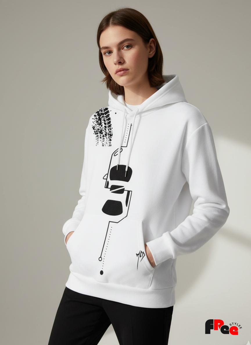 White Abstract Graphic Hoodie for Men & Women | Unisex Streetwear Pullover