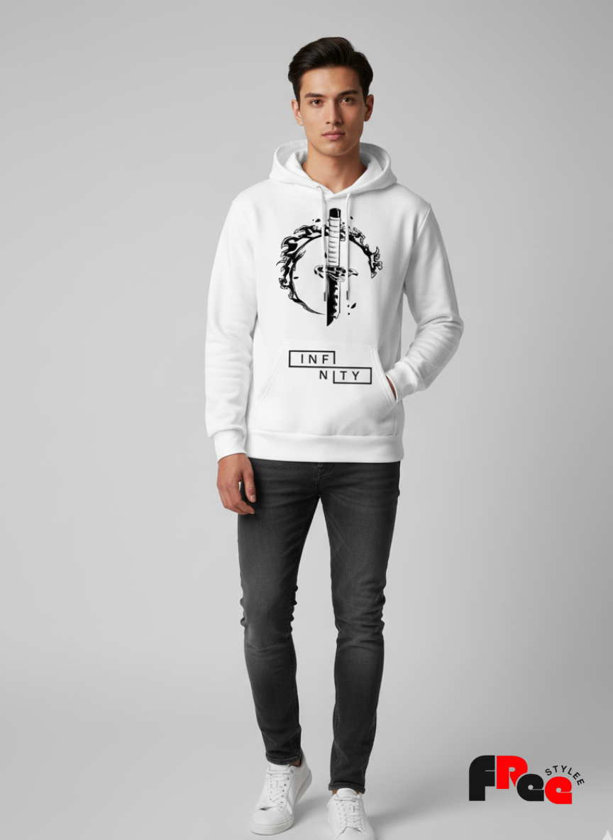 Unisex White Hoodie with Sword & Infinity Print | Premium Streetwear
