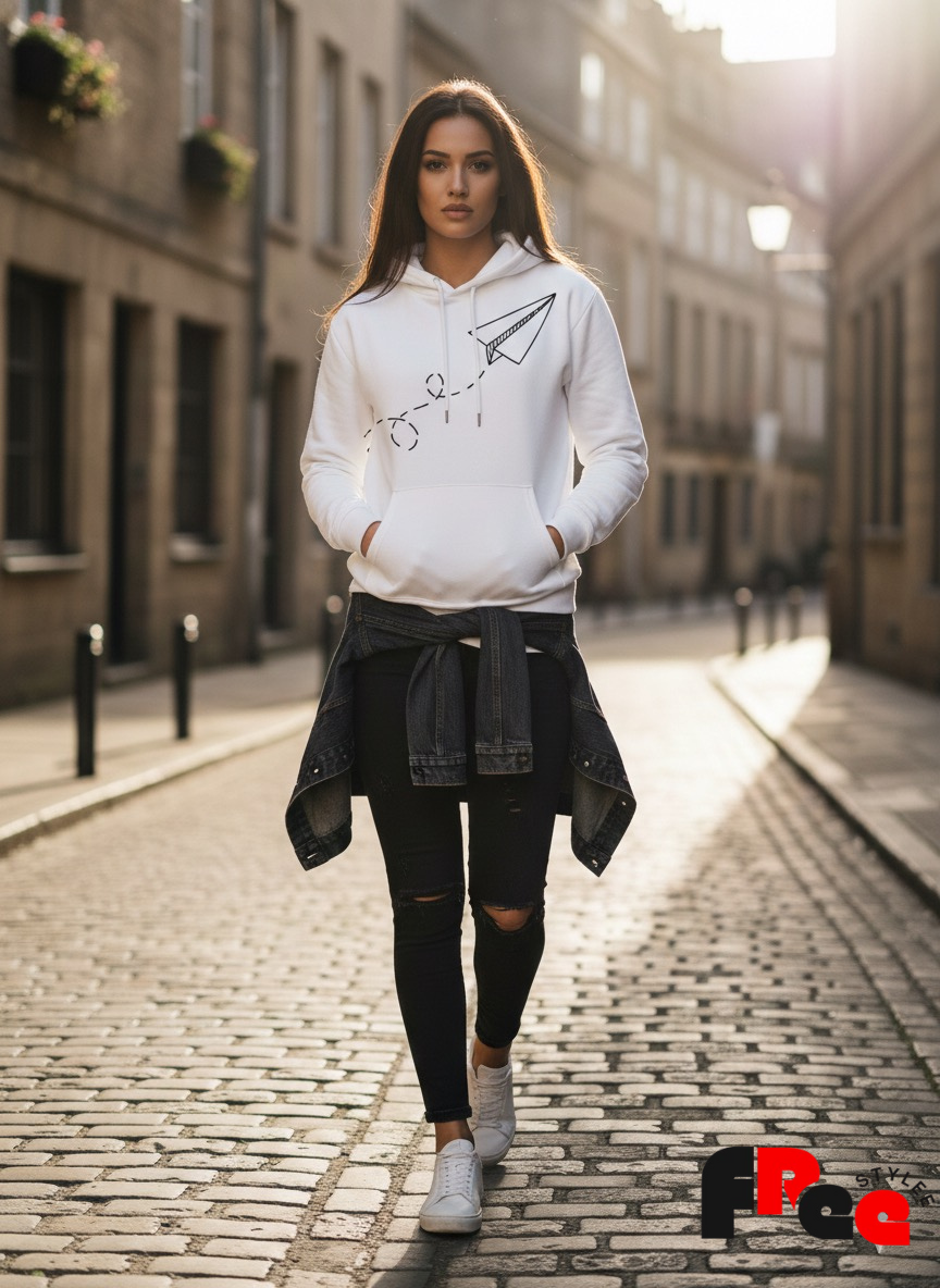Minimal Paper Plane Graphic Hoodie – White