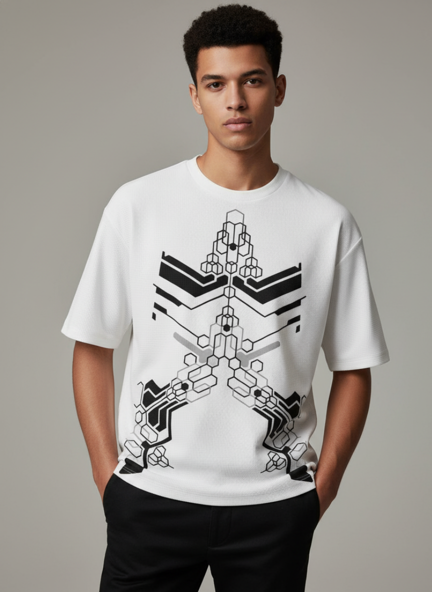 Free Stylee Abstract Geometric Hexagon Print White Oversized T-Shirt for Men | Streetwear Graphic Tee
