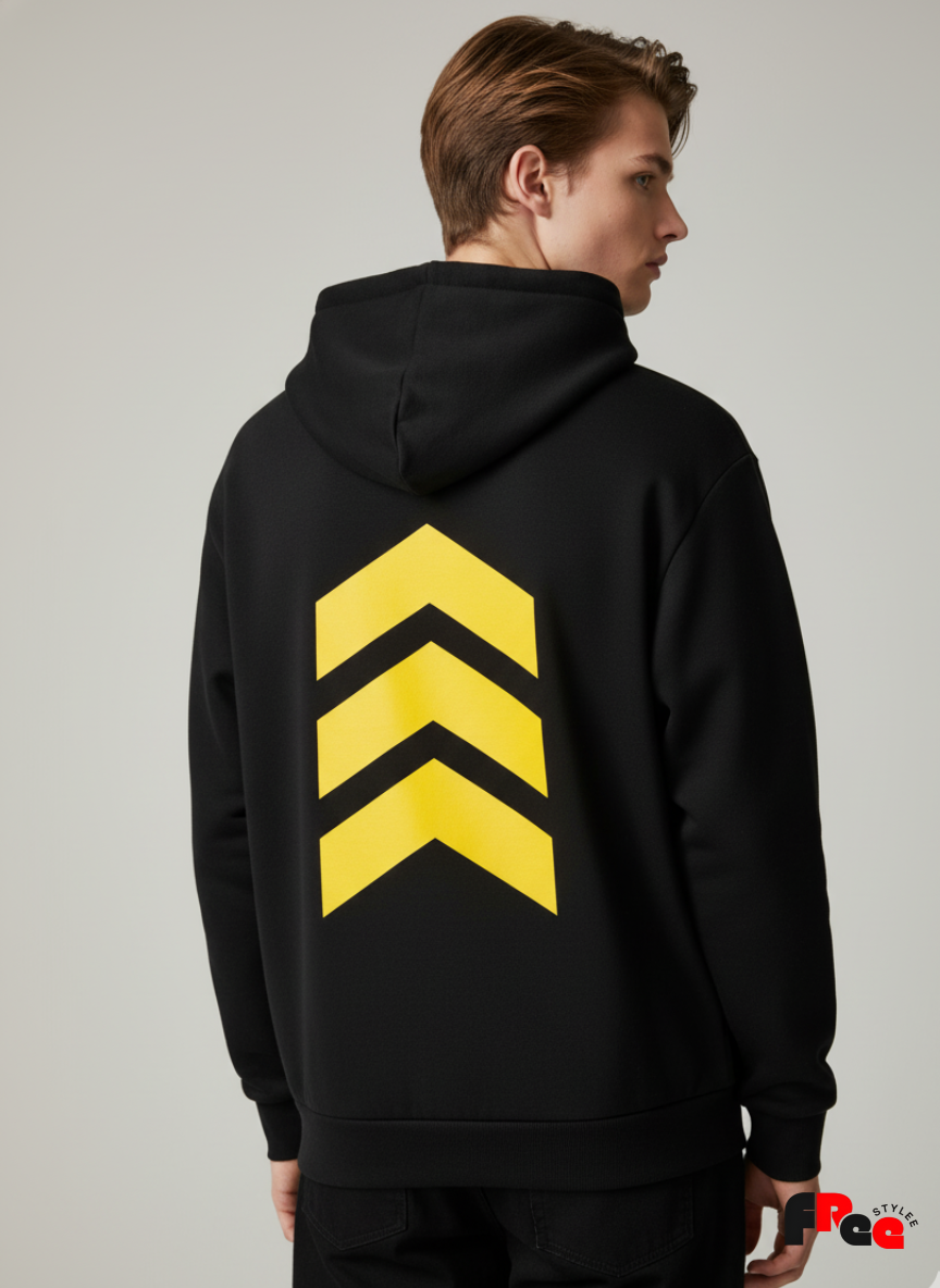 Black Hoodie with Yellow Chevron Back Print | Unisex Streetwear Pullover Sweatshirt