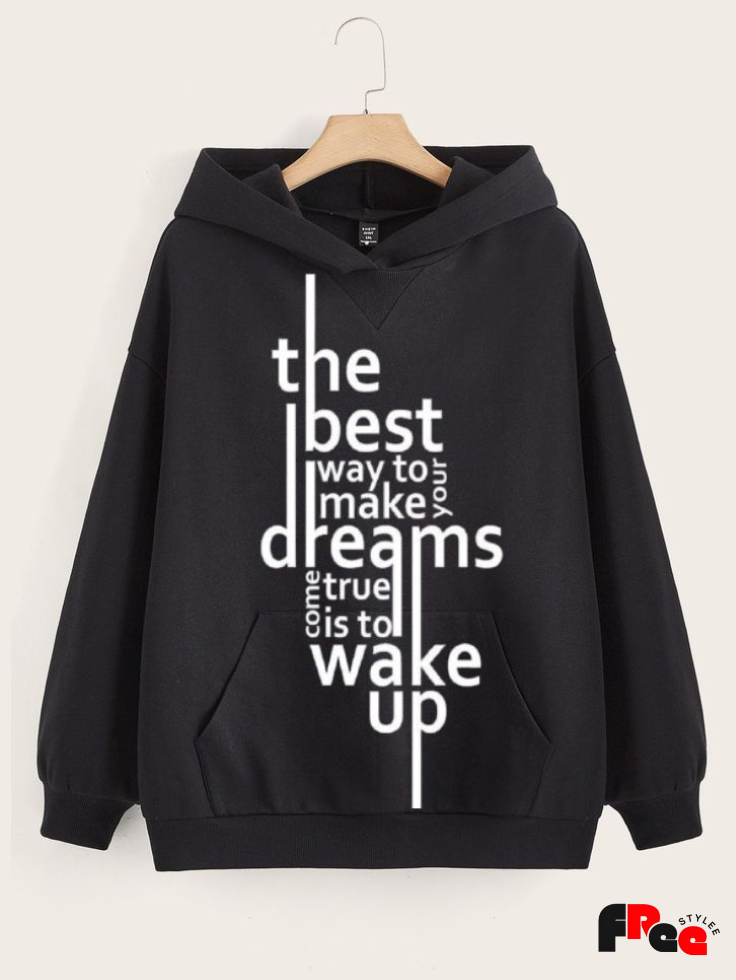 Unisex Black “Wake Up Your Dreams” Motivational Hoodie – Premium Fleece Winter Streetwear Sweatshirt