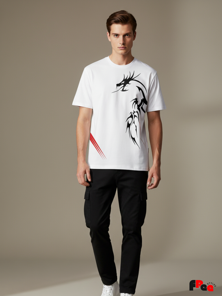 Unisex White Dragon Tribal Print T-Shirt – Premium Cotton Streetwear Tee
