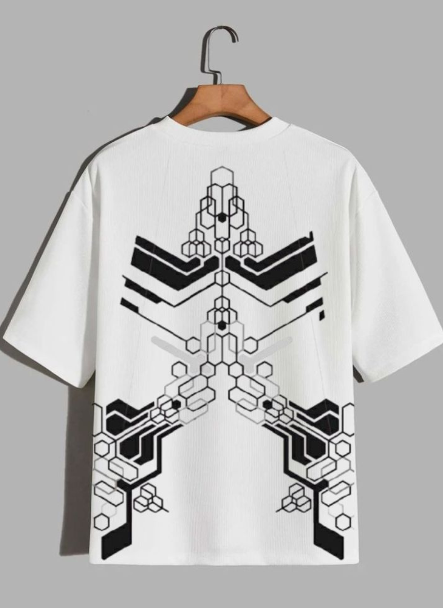 Free Stylee Abstract Geometric Hexagon Print White Oversized T-Shirt for Men | Streetwear Graphic Tee
