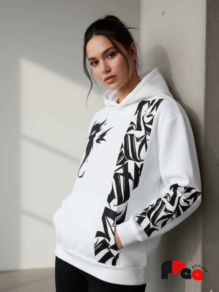 Free Stylee Ghost Graffiti Print White Oversized Hoodie for Men | Aesthetic Streetwear Sweatshirt