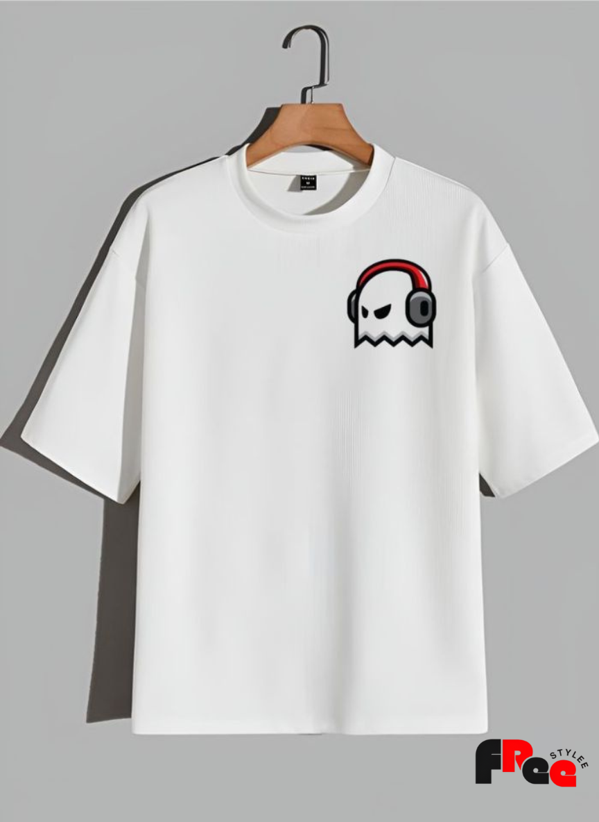 Free Stylee Headphone Ghost Print White Oversized Unisex T-Shirt | Aesthetic Streetwear Graphic Tee