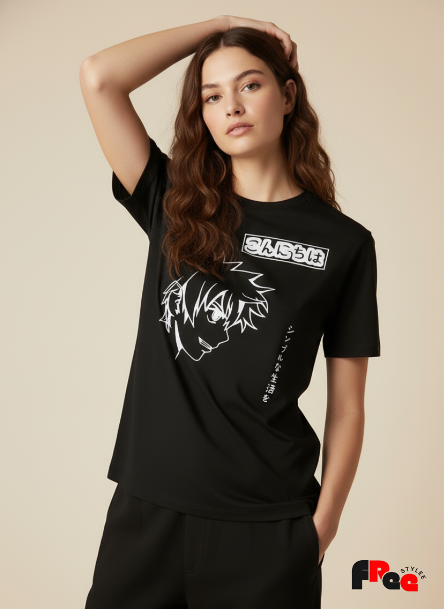 Black Anime Graphic T-Shirt for Men & Women | Unisex Japanese Style Cotton Tee