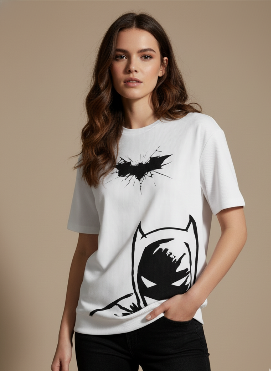 Free Stylee Batman Shadow Graphic White Oversized T-Shirt for Men | Superhero Streetwear Tee