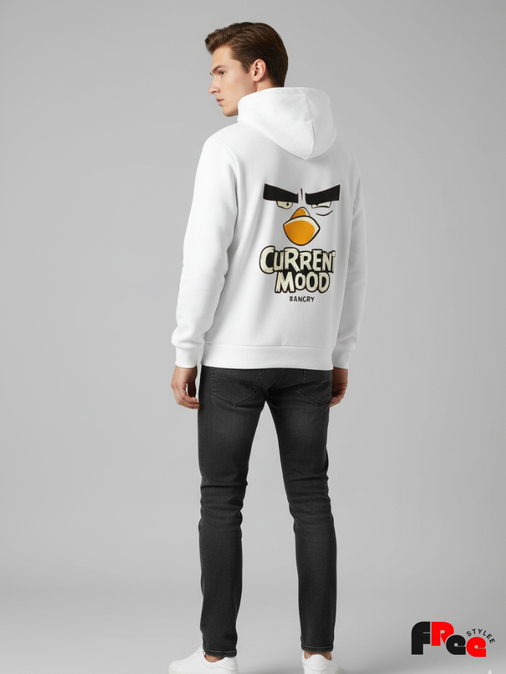 Angry Bird Face front and back printed White Hoodie | Minimal Cartoon Unisex Streetwear Sweatshirt