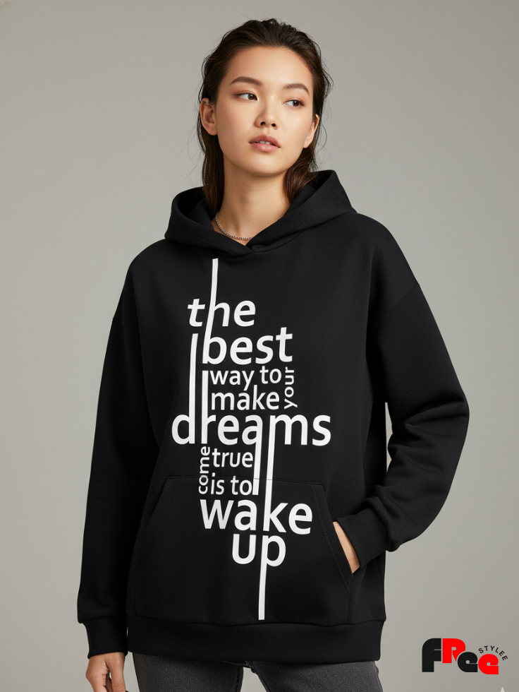 Unisex Black “Wake Up Your Dreams” Motivational Hoodie – Premium Fleece Winter Streetwear Sweatshirt