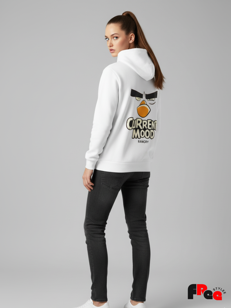 Current Mood Angry White Hoodie | Funny Cartoon Back Print Unisex Streetwear Sweatshirt