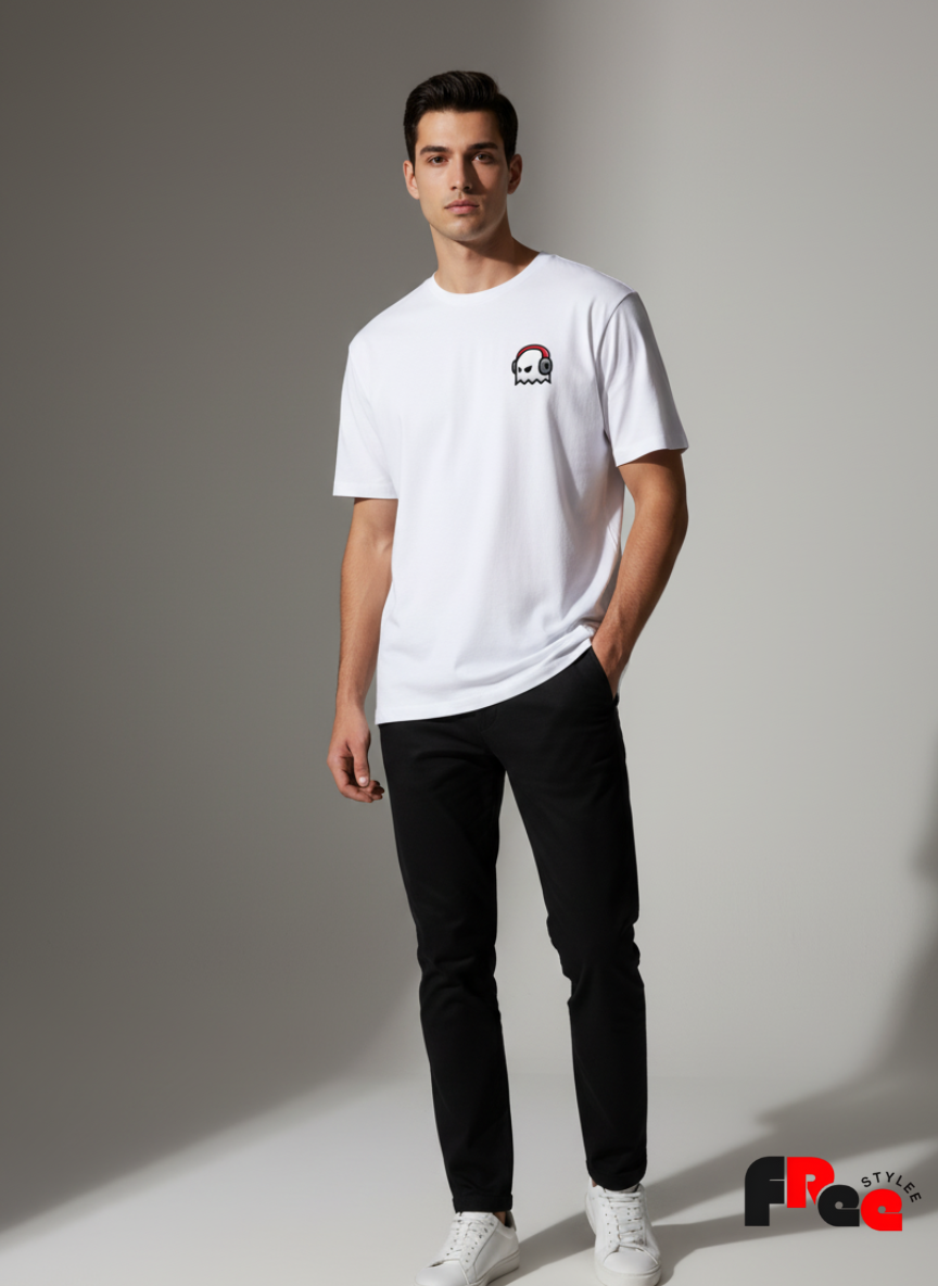 Free Stylee Headphone Ghost Print White Oversized Unisex T-Shirt | Aesthetic Streetwear Graphic Tee