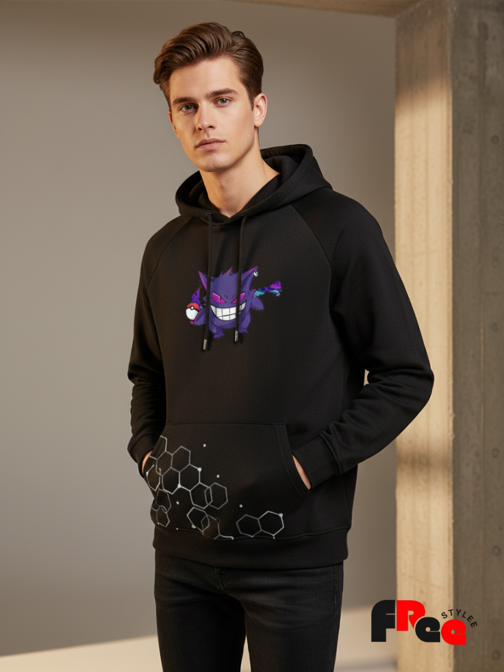 Free Stylee Gengar Anime Print Black Oversized Unisex Hoodie | Pokemon Streetwear Sweatshirt