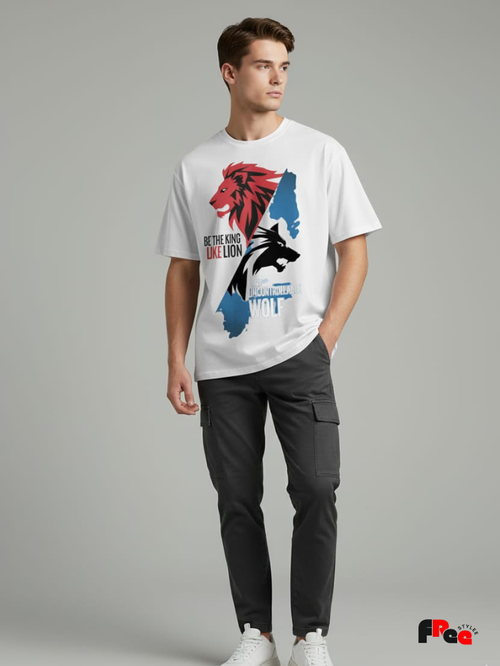 Be The King Like Lion White T-Shirt | Motivational Wolf Graphic Oversized Tee