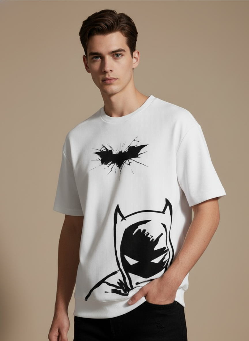 Free Stylee Batman Shadow Graphic White Oversized T-Shirt for Men | Superhero Streetwear Tee