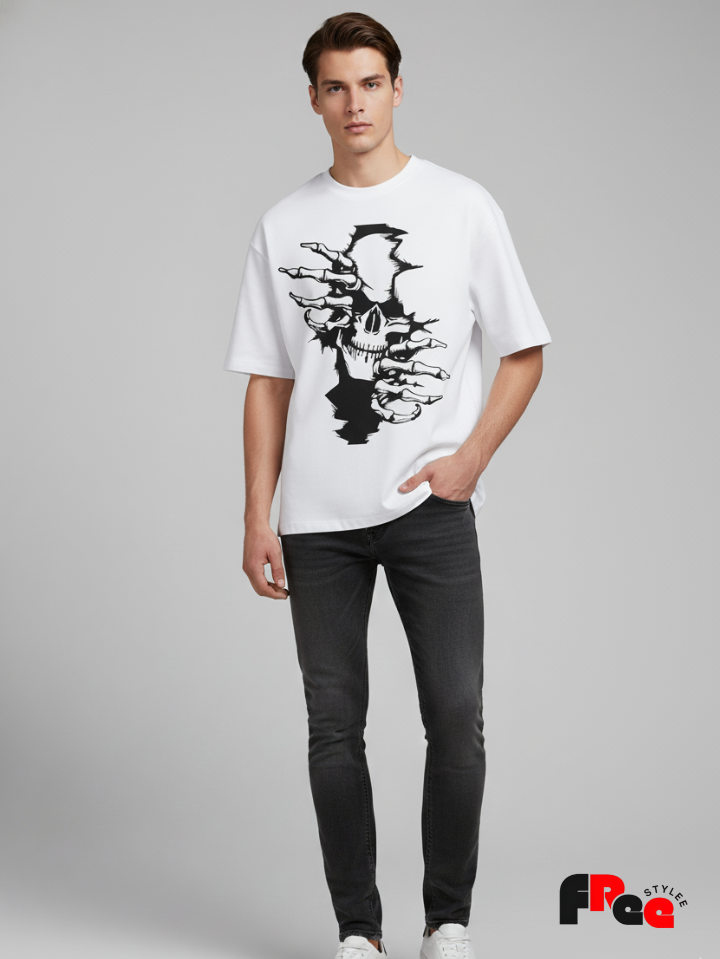 Skeleton Face Hands White T-Shirt | Dark Gothic Aesthetic Oversized Streetwear Tee