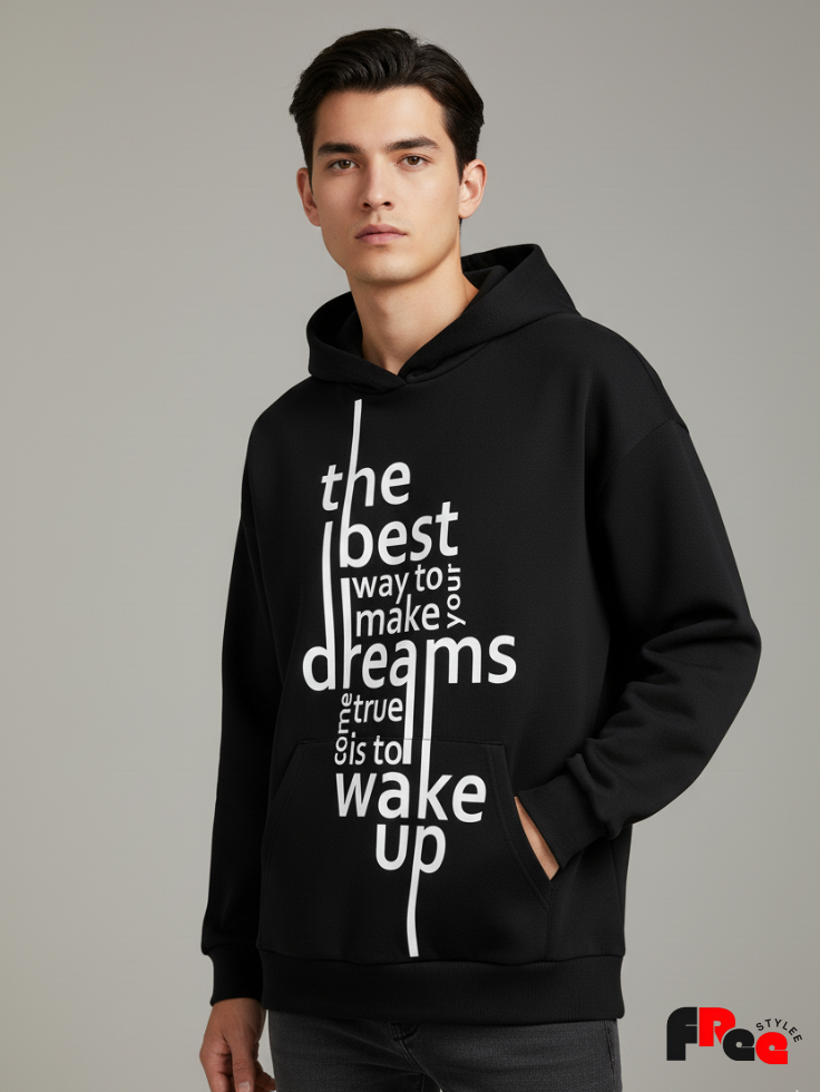 Unisex Black “Wake Up Your Dreams” Motivational Hoodie – Premium Fleece Winter Streetwear Sweatshirt